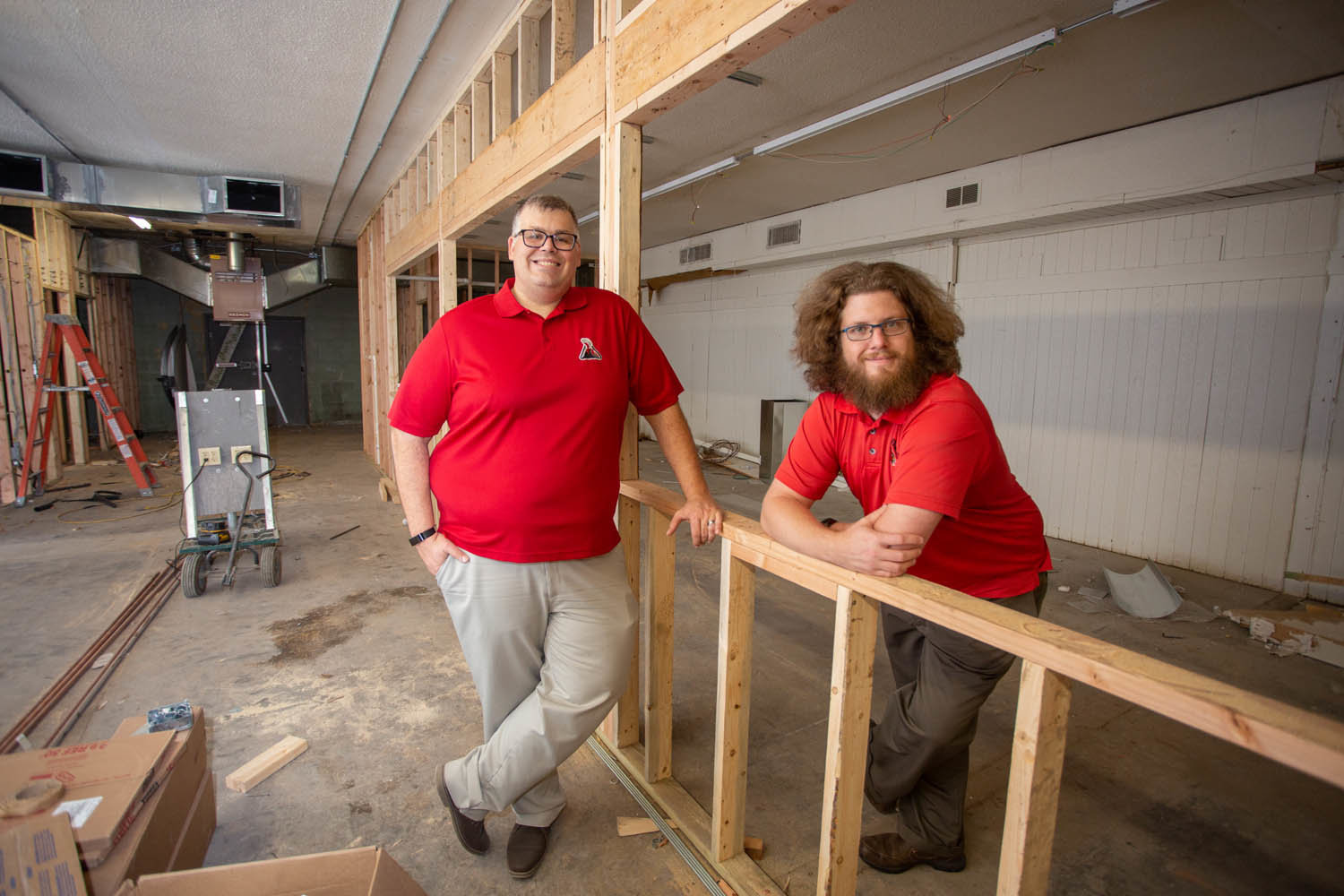 Brewery infill work is ongoing around co-owners Keith Davis, left, and Charley Norton in late 2019.